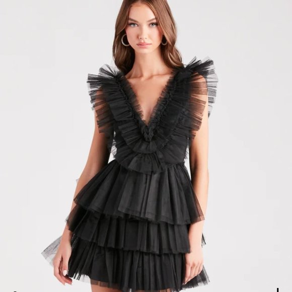 Windsor Devon Ruffled Tulle V-Neck Black Party Mini Dress NWT - Picture 1 of 4